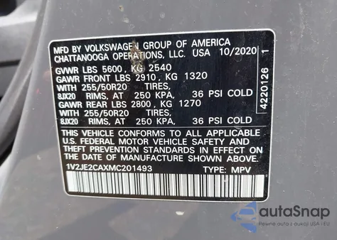 2021 Volkswagen Atlas Cross Sport 3.6L V6 Se W/Technology z USA, uszkodzony, nr VIN 1V2JE2CAXMC201493